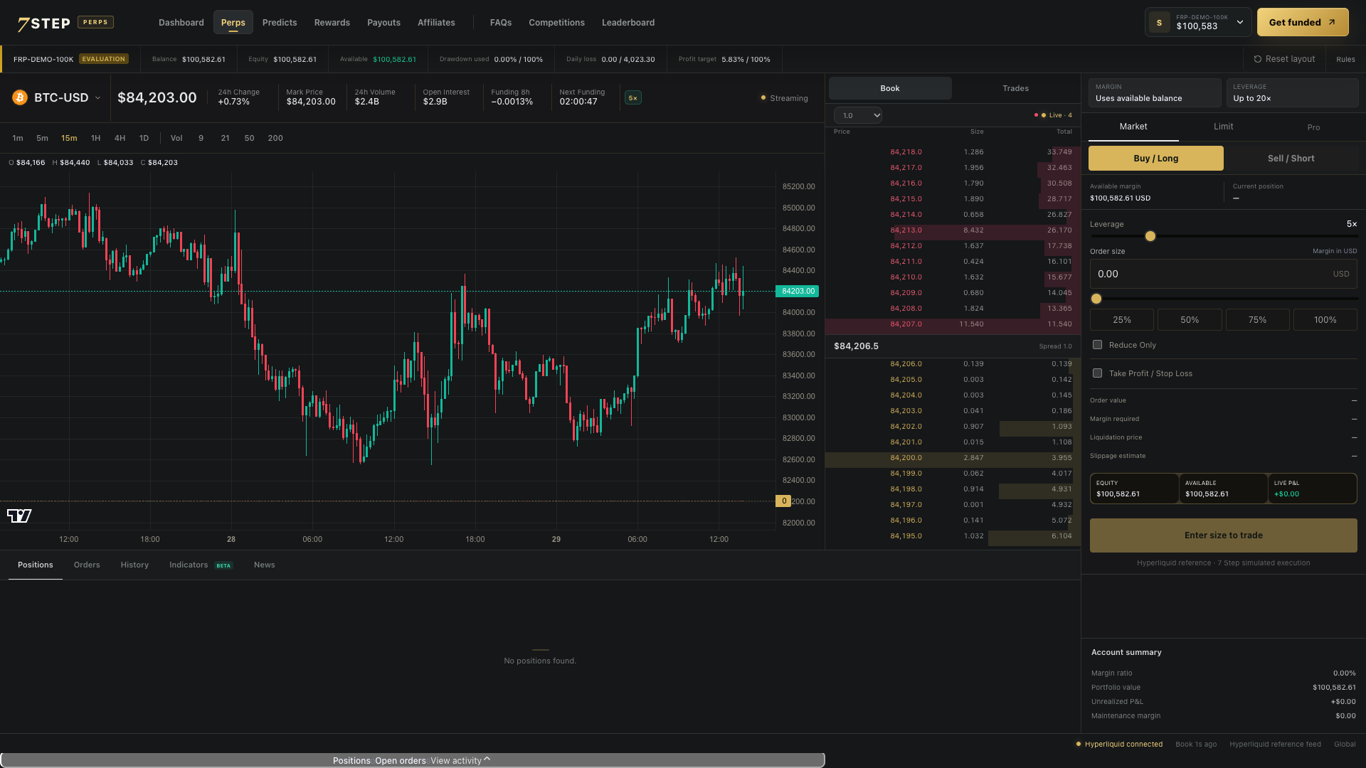 7 Step multi-asset trading terminal with candlestick chart, order book and order controls
